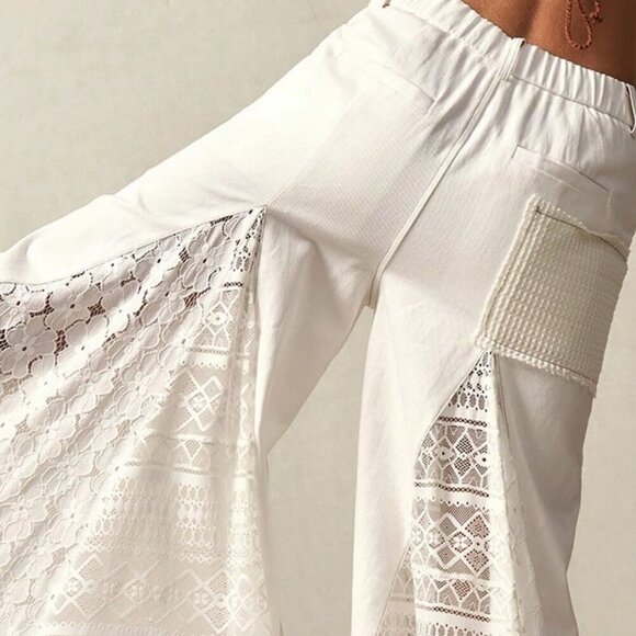 White Casual Women's Boho Bohemian Style Patchwork Mid-Waist Flare Pants - Picture 14 of 14